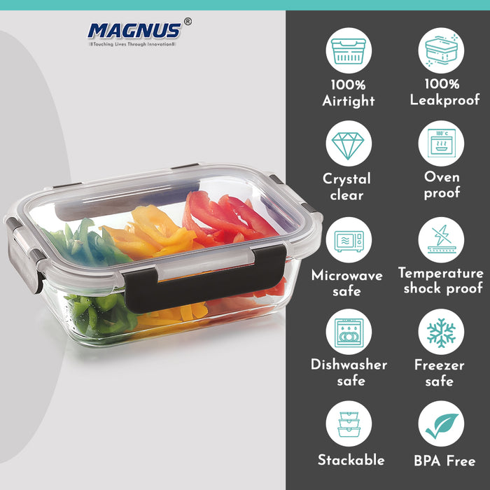 Magnus Glock Glass Food Rectangle Container with Break-Free Detachable Lock – Oven & Microwave Safe Borosilicate Glass 640ML – Lunch Box for Kitchen Essentials, Lunch Boxes for Office Men