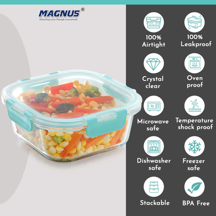 Magnus Glock Glass Food Square Container with Break-Free Detachable Lock, Oven & Microwave Safe Borosilicate Glass, 800ML, Ideal Lunch Box, Kitchen Essentials, Lunch Boxes for Office Men, Green