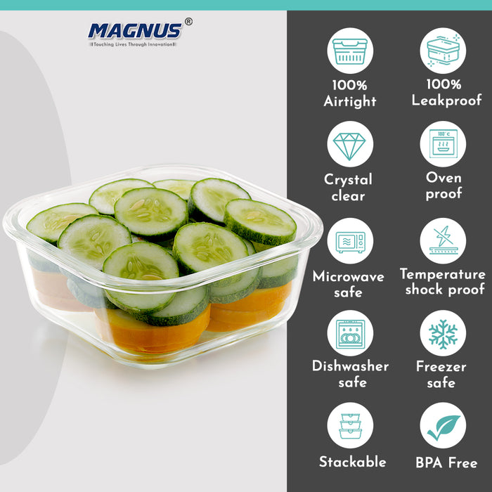 Magnus Glock Glass Food Square Container with Break-Free Detachable Lock – Oven & Microwave Safe Borosilicate Glass, 800ML – Ideal Lunch Box, Kitchen Essentials, Lunch Boxes for Office Men