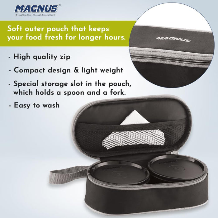 Magnus Feast 2 Microwave Safe Stainless Steel Lunch Box for Kids | Leakproof Tiffin with Insulated Cover | BPA-Free Containers | Lunch Boxes for Office Men & Women | Hot Food Safe | Black