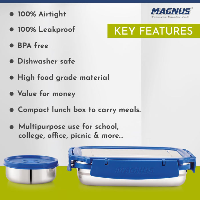 Magnus Bolt Deluxe Stainless Steel Lunch Box with Chocolate Container - Leak-Proof Tiffin for Office & School, Ideal Lunch Box for Kids and Office Men, Air-Tight Food Storage Container, 550ml +100ml