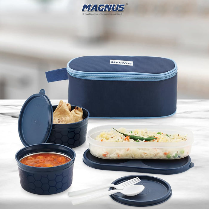 Magnus Feast 3 Microwave Safe Stainless Steel Lunch Box for Kids | Leakproof Tiffin with Insulated Cover | BPA-Free Containers | Lunch Boxes for Office Men & Women | Hot Food Safe | Blue