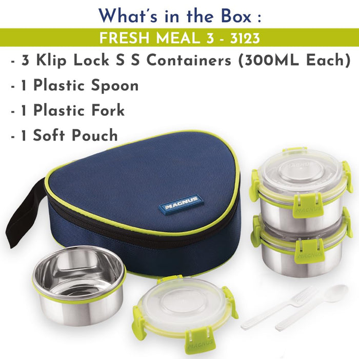 Magnus Fresh Meal 3 - Stainless Steel Lunch Box for Kids & Adults, Tiffin Box for Kids, Office, School | Klip Lock, Insulated Bag | Airtight, Leakproof & BPA-Free Food Container