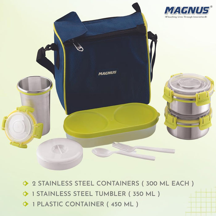 Magnus Nexus 5 Stainless Steel Lunch Box Set | Insulated, Air-Tight, Leakproof Lunch Box for Kids, Office Men & School Tiffin | Suitable for Men, Women - Blue