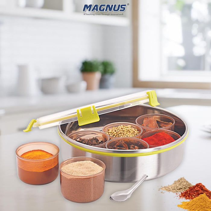 Magnus Vista 7 IN 1 Spice Box Stainless Steel with Middle Container Partitions | Masala Dabba Steel Masala Box For Kitchen Steel | Masala Dani For Kitchen See Through Lid | 7 Plastic Vati-Silver