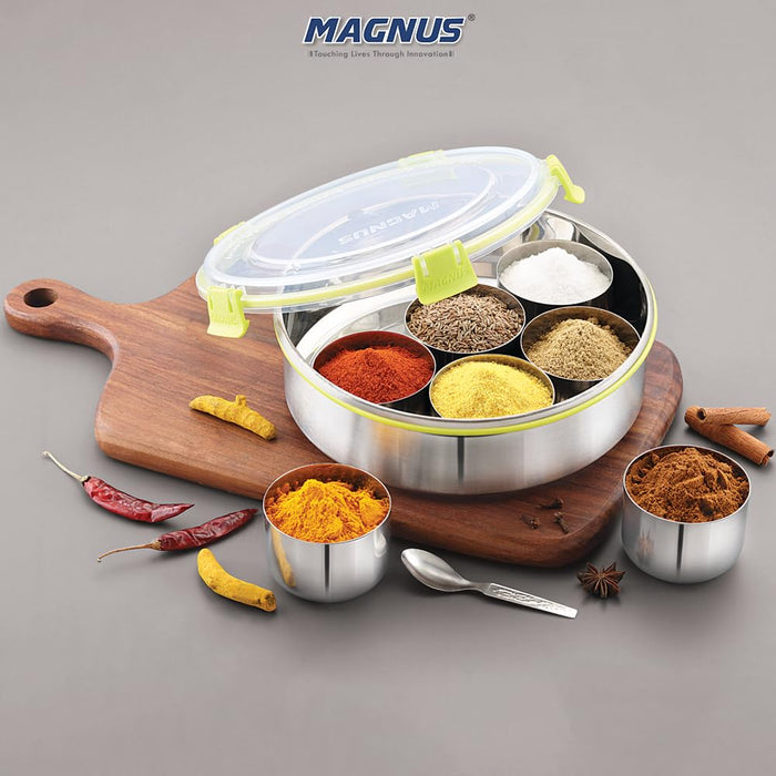 Buy Magnus 7 in 1 Vista Spice Box Stainless Steel Stylish Extra Large Masala Box for Kitchen Steel Masala Dani for Kitchen See through lid 7 containers 1 Spoon 22.5cms Silver Magnus Homeware