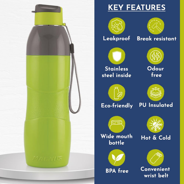 Magnus Quench 800 Sports Water Bottle - Insulated Bottle with Flip Lid, Leakproof Designed Bottle for Summer,Freezer-Friendly,Perfect for Kids & Adults for Office & School (Green, 670ml)