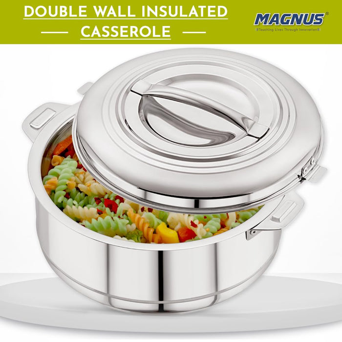 Magnus Rio Hot & Cold Double Walled Stainless Steel Casserole with Lid for 5000 ML, Silver | PU Insulated | Hot & Cold | Hygiene | Odourless | Stylish Design | Versatile Use for storing Rice-Gravy-Roti