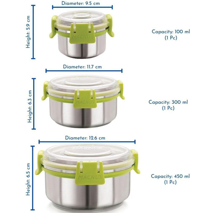 Magnus Klip Lock Airtight & Leak-Proof Stainless Steel Containers Combo Set - Kitchen Accessories Items, Lunch Box, Lunch Boxes for Office Men