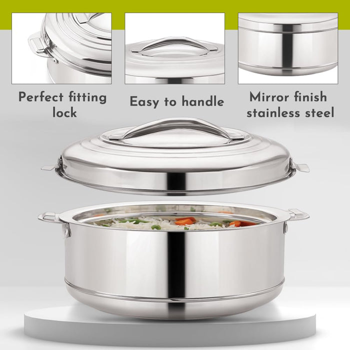 Magnus Rio Hot & Cold Double Walled Stainless Steel Casserole with Lid 3000 ML,Silver | PU Insulated | Hot & Cold | Hygiene | Odourless | Stylish Design | Versatile Use for storing Rice-Gravy-Roti