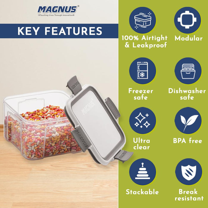 Magnus Modulock Airtight Food Kitchen Storage Container with Detachable Clip Lock | White & Grey Lid | Ultra Clear Transparent Containers | Stackable | Break Resistant | Set of 2 - 460 ml Each