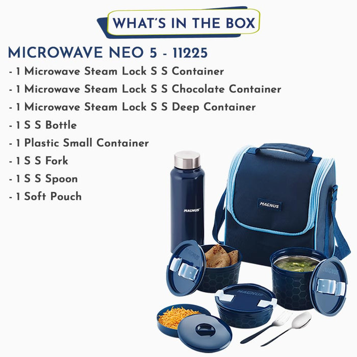 Magnus NEO 5 Lunch Tiffin with 3 Microwave Safe Steel Containers, Plastic Chutney Dabba, Steel Bottle, Spoon & Fork, Insulated Jacket - Ideal Lunch Box for Kids & Lunch Boxes for Office Men, Blue