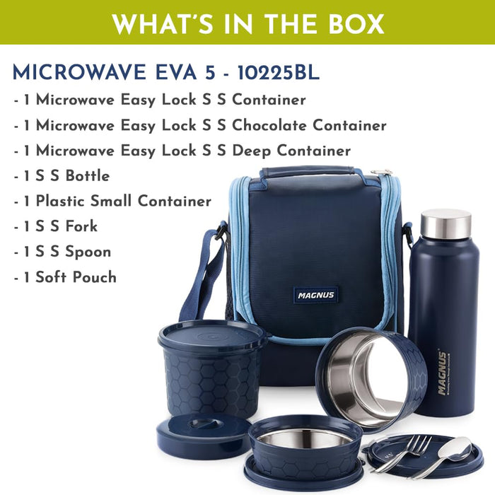 Magnus Microwave EVA 5 Lunch Box (Blue) - 3 Containers, Small Box, Bottle, Cutlery | Leakproof Stainless Steel Lunch Box for Kids, Lunch Boxes for Office Men, Women | Office & Microwave Safe