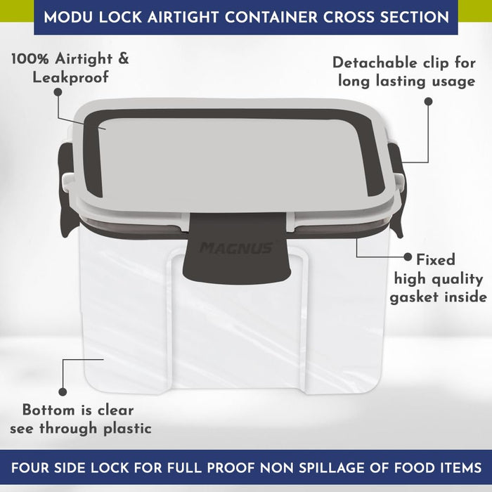 Magnus Modulock Airtight Food Kitchen Storage Container with Detachable Clip Lock | White & Grey Lid | Ultra Clear Transparent Containers | Stackable | Break Resistant | Set of 4 - 460 ml Each