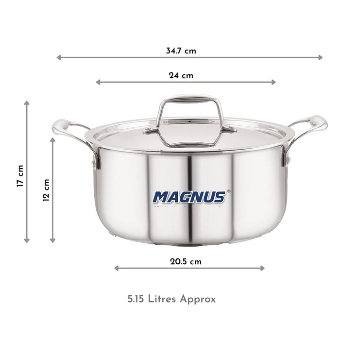 Magnus Triply Stainless Steel Casserole with Stainless Steel Lid and Induction Bottom, 24 cm|5.15 L, Silver|Use for Home, Kitchen and Restaurant - Easy to Clean and Dishwasher Oven Safe