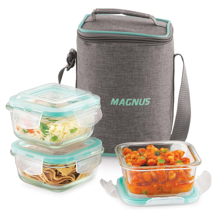 Magnus Vivid Glass Lunch Box with Linen Vertical Pouch and Fixed Clip, Includes 3 Square Airtight, Leakproof, Microwave Safe Borosilicate Glass Containers, 320 ML Each - Premium Lunch Boxes