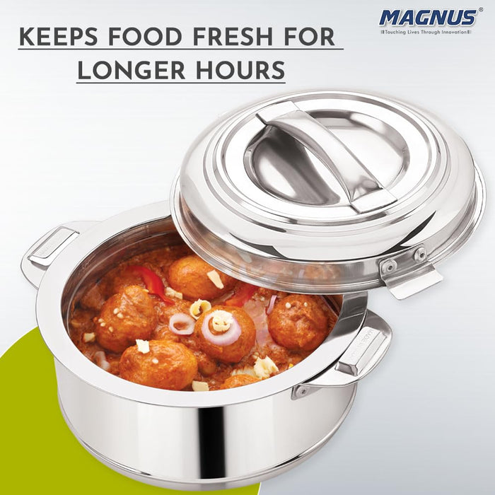 Magnus Rio Hot & Cold Double Walled Stainless Steel Casserole with Lid for 1000 ML, Silver | PU Insulated | Hygiene | Odourless | Stylish Design | Versatile Use for Storing Rice-Gravy-Roti