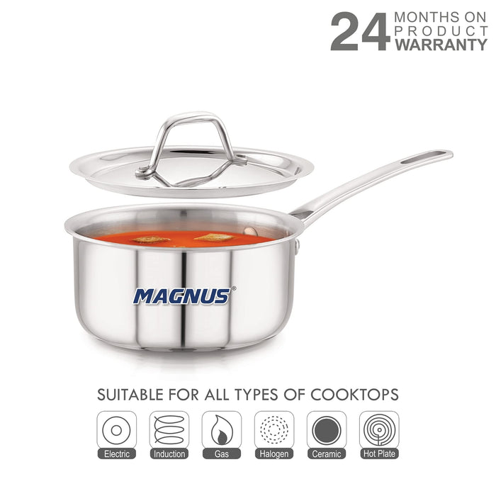 Magnus Triply Stainless Steel Sauce Pan with Stainless Steel Lid and Induction Bottom, 18 cm|2.2 L, Silver|Use for Home, Kitchen and Restaurant - Easy to Clean and Dishwasher Oven Safe