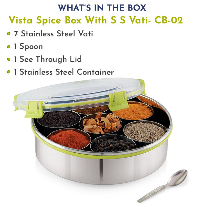 Magnus 7 in 1 Vista Spice Box Stainless Steel Stylish Extra Large | Masala Box for Kitchen Steel | Masala Dani for Kitchen | See through lid 7 containers, 1 Spoon (22.5cms) Silver