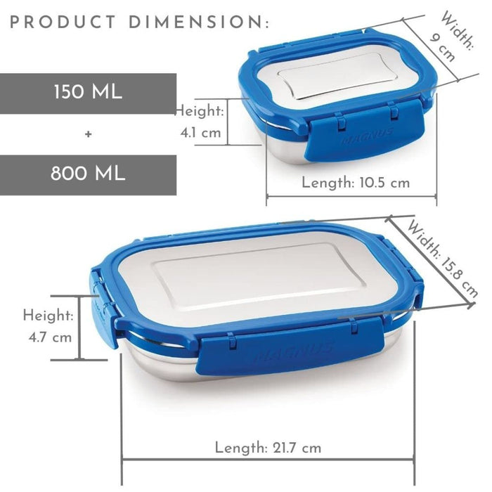 Magnus Bolt Deluxe, Stainless Steel Lunch Box, Airtight & Leak Proof Tiffin - 2 Containers (Big 800 Ml & Small 150Ml) & 1 Stainless Steel Bottle for Office, School (Blue)