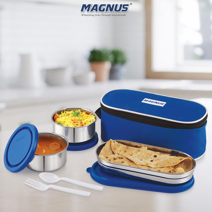 Magnus Super 3 Prime Stainless Steel Lunch Box for Office & School | Leak-Proof Lunch Box for Kids | Lunch Boxes for Office Men | Compact & Air-Tight Design | Safe Plastic Cover | Blue