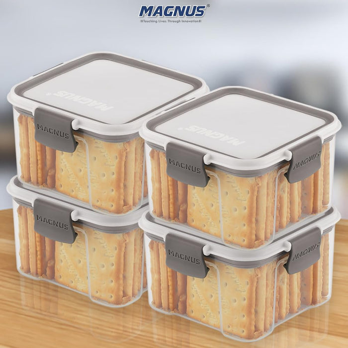 Magnus Modulock Airtight Food Kitchen Storage Container with Detachable Clip Lock | White & Grey Lid | Ultra Clear Transparent Containers | Stackable | Break Resistant | Set of 4 - 460 ml Each