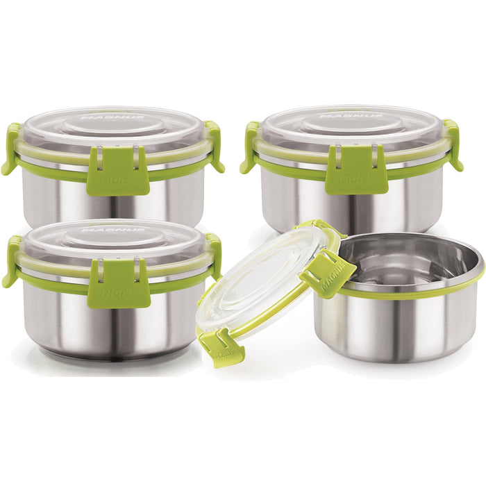 Magnus Klip Lock Stainless Steel Airtight Leakproof Storage Container, Set of 4, 300 ML Each - Ideal Kitchen Accessories Items, Lunch Box, Lunch Boxes for Office Men