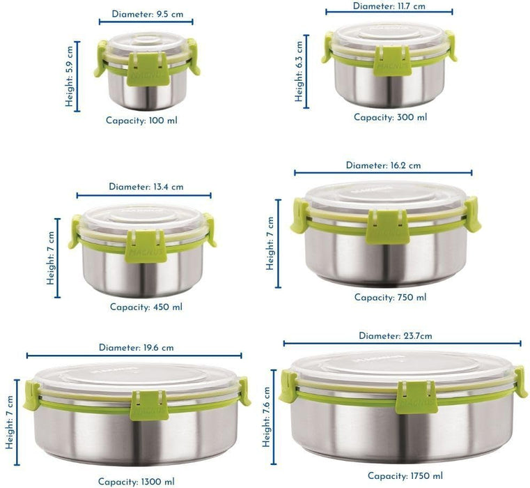 Magnus Klip Lock Airtight & Leak-proof Stainless Steel BPA-Free Containers Combo Set - Premium Kitchen Accessories Items, Ideal Lunch Box, Durable Lunch Boxes for Office Men