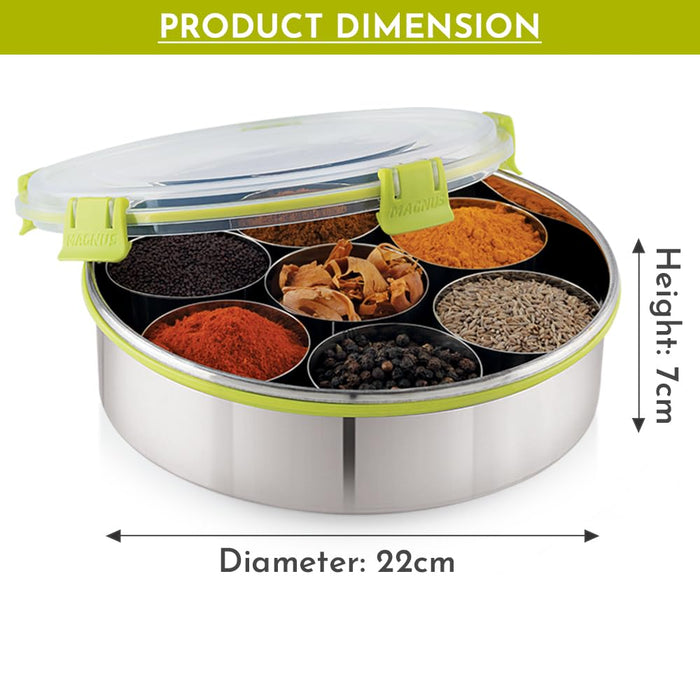 Magnus 7 in 1 Vista Spice Box Stainless Steel Stylish Extra Large | Masala Box for Kitchen Steel | Masala Dani for Kitchen | See through lid 7 containers, 1 Spoon (22.5cms) Silver