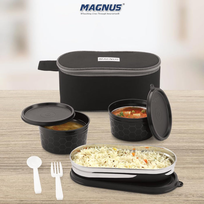 Magnus Feast 3 Prime Microwave Safe Stainless Steel Lunch Box for Kids | Leakproof Tiffin with Insulated Cover | BPA-Free Containers | Lunch Boxes for Office Men & Women | Hot Food Safe | Black