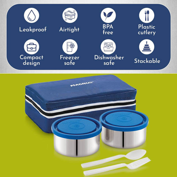 Magnus Fancy 2 Steel Lunch Box Set - Leak-Proof Containers for Office & School | 1050ml | Carry Bag for Men, Women | Stylish Lunch Box for Kids & Lunch Boxes for Office Men, Blue