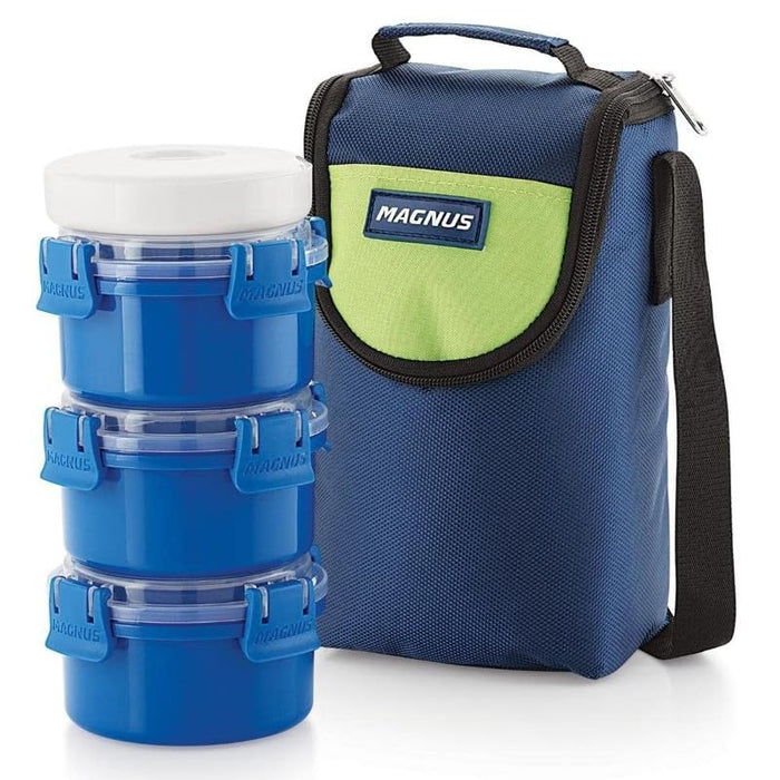 Magnus Vega 3 Blue Lunch Box Set | Leak-Proof 900ml Containers with Insulated Bag | Lunch Box for Kids & Adults | Lunch Boxes for Office Men & Women | Stylish Tiffin with Washable Cover