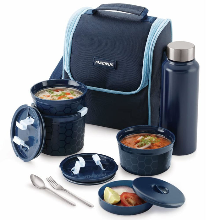 Magnus NEO 5 Lunch Tiffin with 3 Microwave Safe Steel Containers, Plastic Chutney Dabba, Steel Bottle, Spoon & Fork, Insulated Jacket - Ideal Lunch Box for Kids & Lunch Boxes for Office Men, Blue