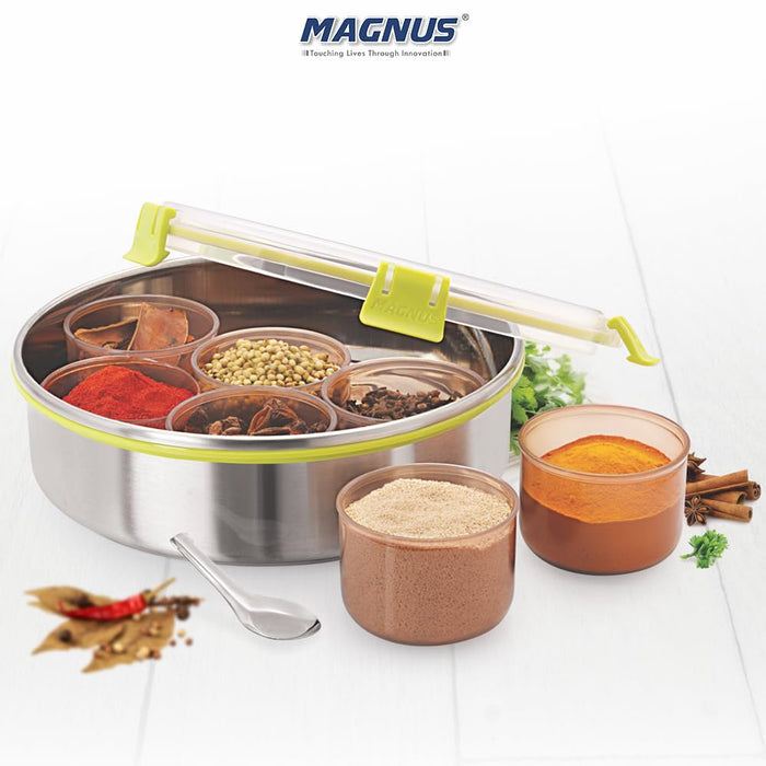 Magnus Vista 7 IN 1 Spice Box Stainless Steel with Middle Container Partitions | Masala Dabba Steel Masala Box For Kitchen Steel | Masala Dani For Kitchen See Through Lid | 7 Plastic Vati-Silver