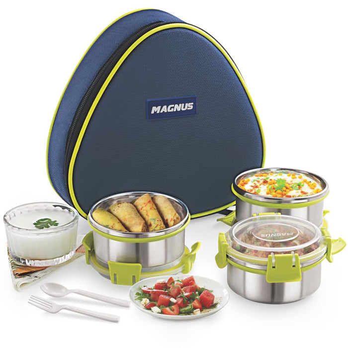 Magnus Fresh Meal 3 - Stainless Steel Lunch Box for Kids & Adults, Tiffin Box for Kids, Office, School | Klip Lock, Insulated Bag | Airtight, Leakproof & BPA-Free Food Container