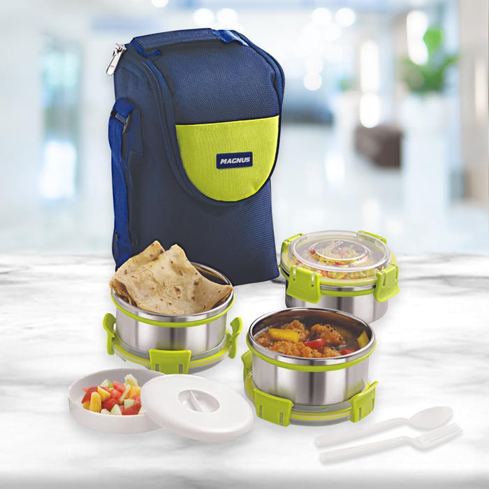 Magnus Aura 3 Stainless Steel Lunch Box Set - 3pcs with Tiffin Bags | Durable Lunch Box for Kids and Adults | Ideal Lunch Boxes for Office Men and Women | Perfect for School and Work