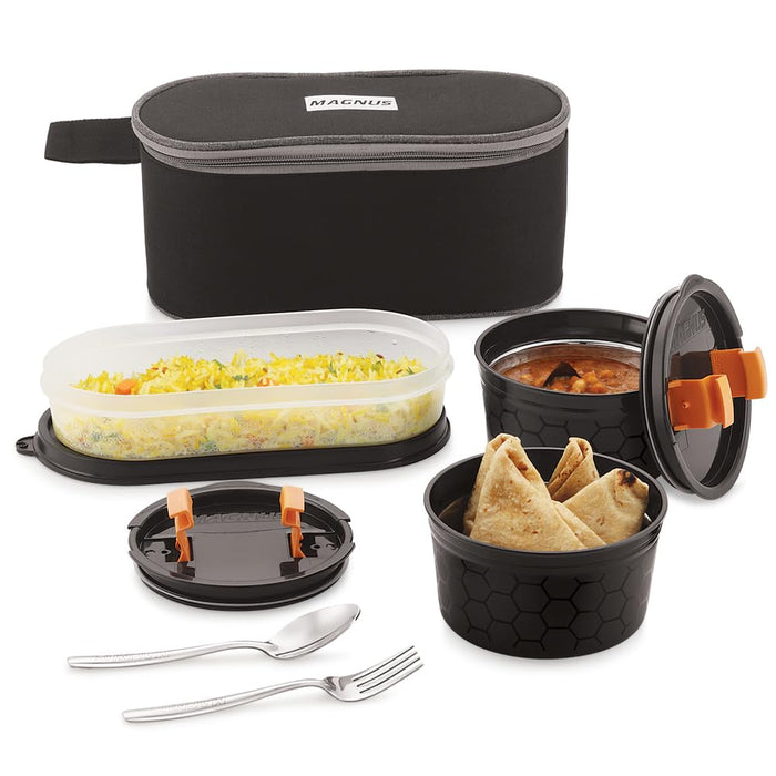 Magnus Microwave Olive 3 - Stainless Steel Lunch Box for Kids and Adults with 2 Steamlock Containers | Ideal Lunch Boxes for Office Men | Includes Roti Box, Steel Fork, and Spoon (Black)