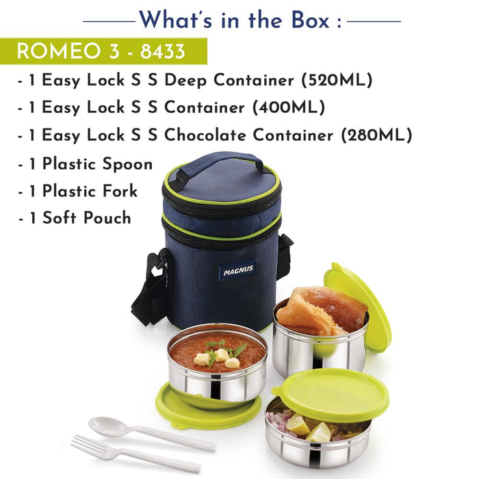 Magnus Romeo-3 Stainless Steel Lunch Box Set - Leakproof, Airtight Tiffin Containers with Insulated Bag - Ideal Lunch Box for Kids, Lunch Boxes for Office Men and Women - Easy Lock Design