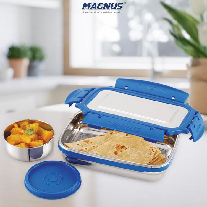 Magnus Bolt Deluxe Stainless Steel Lunch Box with Chocolate Container - Leak-Proof Tiffin for Office & School, Ideal Lunch Box for Kids and Office Men, Air-Tight Food Storage Container, 550ml +100ml