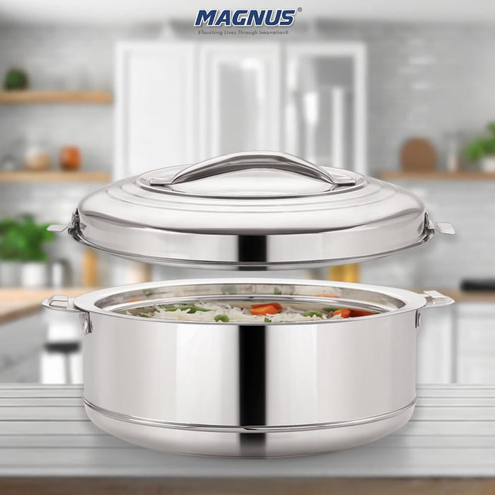 Magnus Rio Hot & Cold Double Walled Stainless Steel Casserole with Lid 3000 ML,Silver | PU Insulated | Hot & Cold | Hygiene | Odourless | Stylish Design | Versatile Use for storing Rice-Gravy-Roti