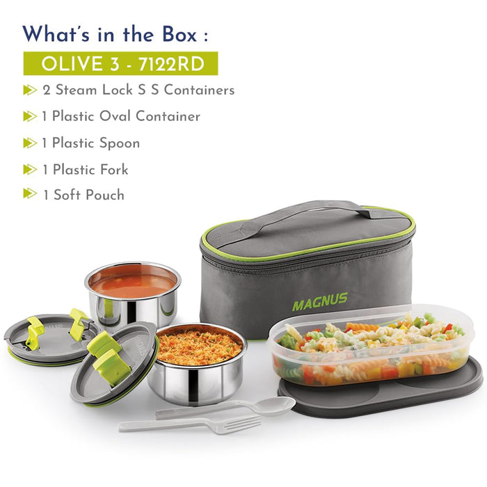 Olive 3 Stainless Steel Lunch Box Set with Leak-Proof Containers & Bag | Ideal for Office, School, Men, Women, Kids | Airtight & Insulated Thermal Tiffin for Hot Food & Smart Storage (950 ml)