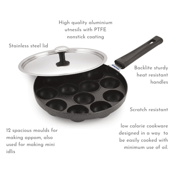 Magnus Appam Patra with Stainless Steel Lid | 12 Cavity Non-Stick Pan | Induction Friendly| Heavy Duty Aluminum| Single Handle with SS Lid | Appam pan | Litti Maker | Black