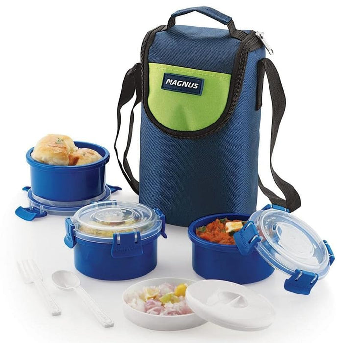 Magnus Vega 3 Blue Lunch Box Set | Leak-Proof 900ml Containers with Insulated Bag | Lunch Box for Kids & Adults | Lunch Boxes for Office Men & Women | Stylish Tiffin with Washable Cover