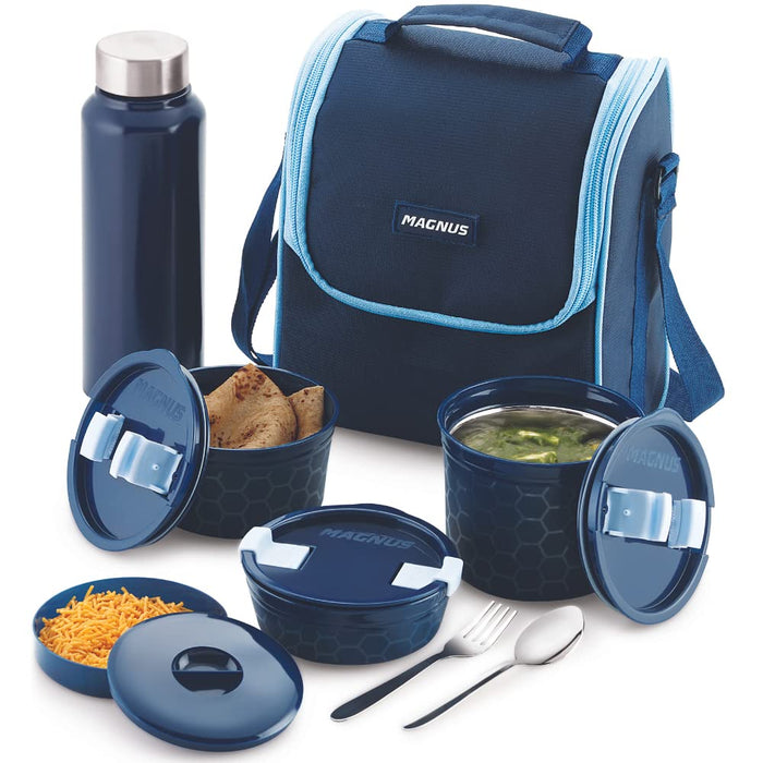 Magnus NEO 5 Lunch Tiffin (3 Microwave Safe inner Steel Containers, 1 Plastic Chutney Dabba, 1 Steel Bottle, Spoon and Fork ) With Insulated Fabric Jacket | Office & Microwave Safe | Leakproof | Blue
