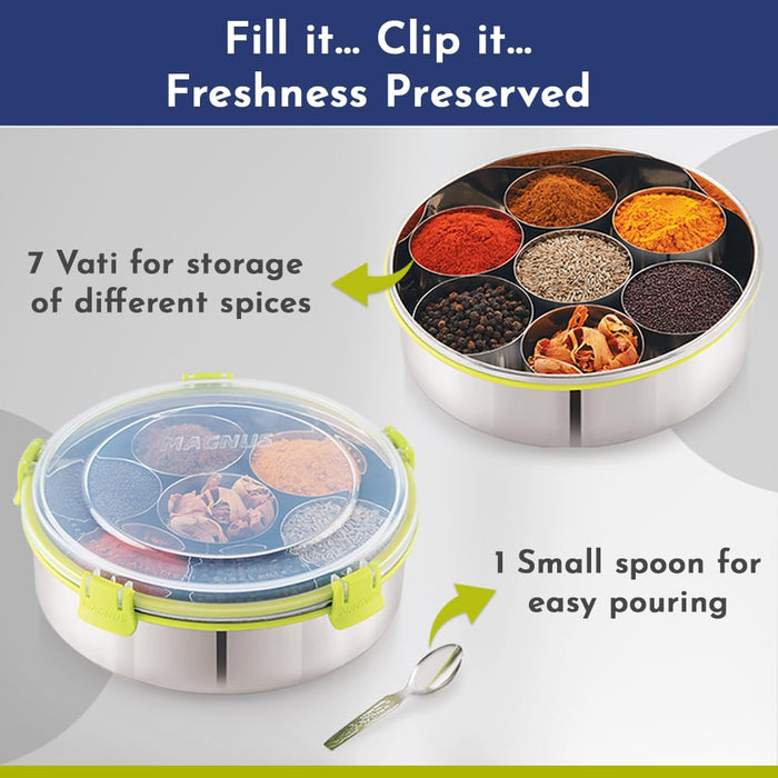 Magnus 7 in 1 Vista Spice Box Stainless Steel Stylish Extra Large | Masala Box for Kitchen Steel | Masala Dani for Kitchen | See through lid 7 containers, 1 Spoon (22.5cms) Silver