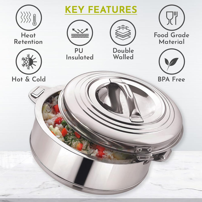 Magnus Rio Hot & Cold Double Walled Stainless Steel Casserole with Lid for 1000 ML, Silver | PU Insulated | Hygiene | Odourless | Stylish Design | Versatile Use for Storing Rice-Gravy-Roti