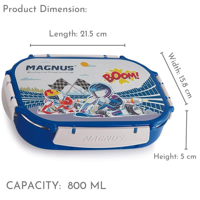 Magnus Spike Kids PP Blue Lunchbox - 800ml Stainless Steel Tiffin & 150ml Container | Airtight, Leakproof Lunch Box | Easy Carry for Boys & Girls | Lunch Box for Kids & Office Men