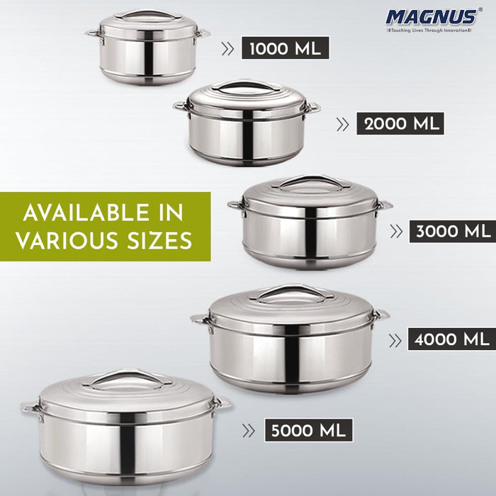 Magnus Rio Hot & Cold Double Walled Stainless Steel Casserole with Lid for 1000 ML, Silver | PU Insulated | Hygiene | Odourless | Stylish Design | Versatile Use for Storing Rice-Gravy-Roti