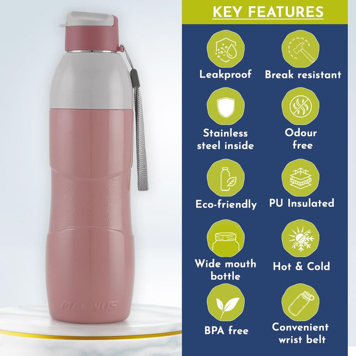 Magnus Quench 800 Sports Water Bottle - Insulated Bottle with Flip Lid, Leakproof Designed Bottle for Summer,Freezer-Friendly,Perfect for Kids & Adults for Office & School (Pink, 670ml)