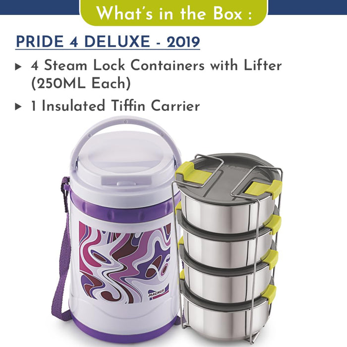 Magnus Pride 4 Violet Insulated Stainless Steel Lunch Box - Made in India Tiffin for Office, Men, Women, Kids - Leakproof 1000 ml Lunch Box for Kids and Office Men with Insulated Cover